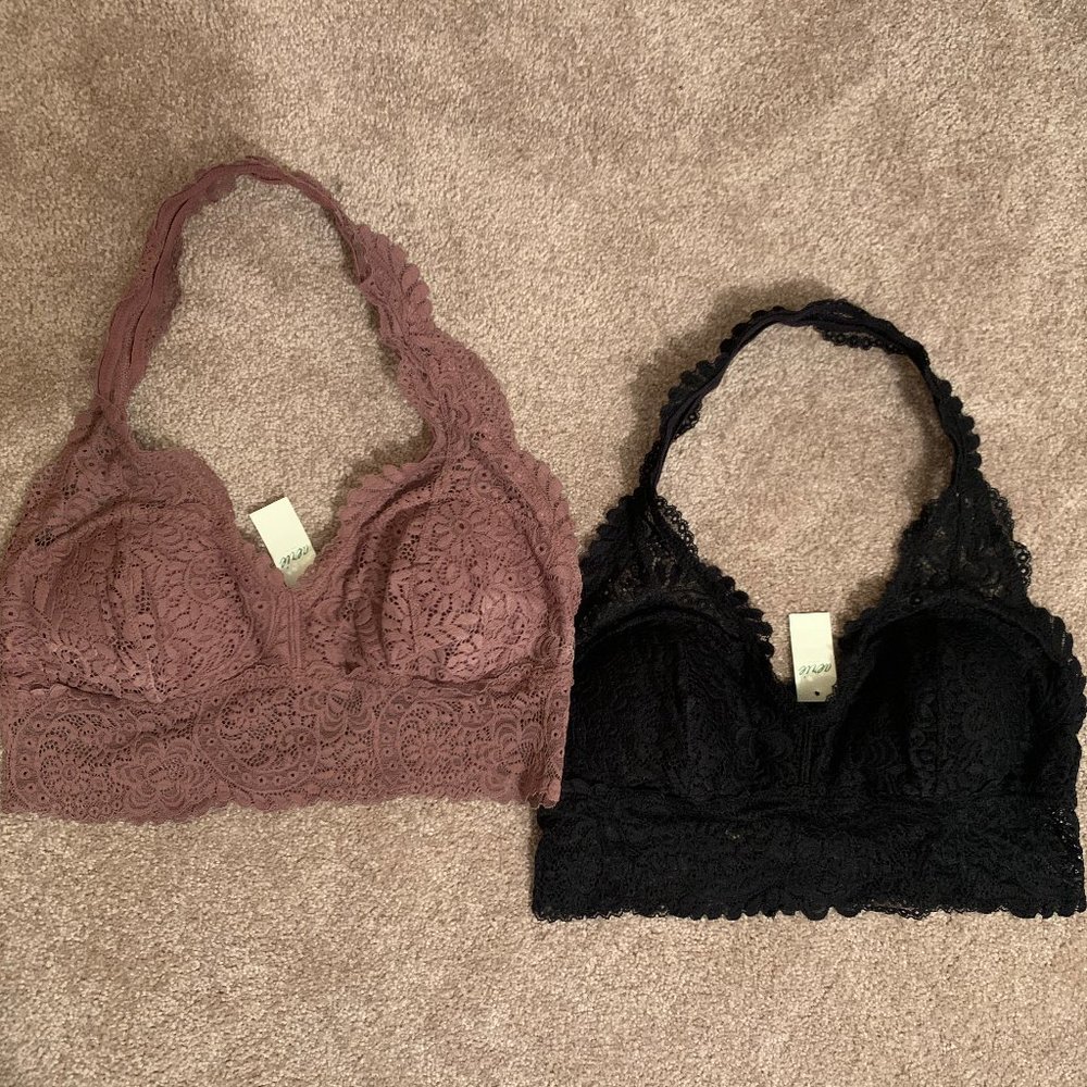 New with Tags! Aerie Lacy Halter Bralettes Black and Mauve Women's Large